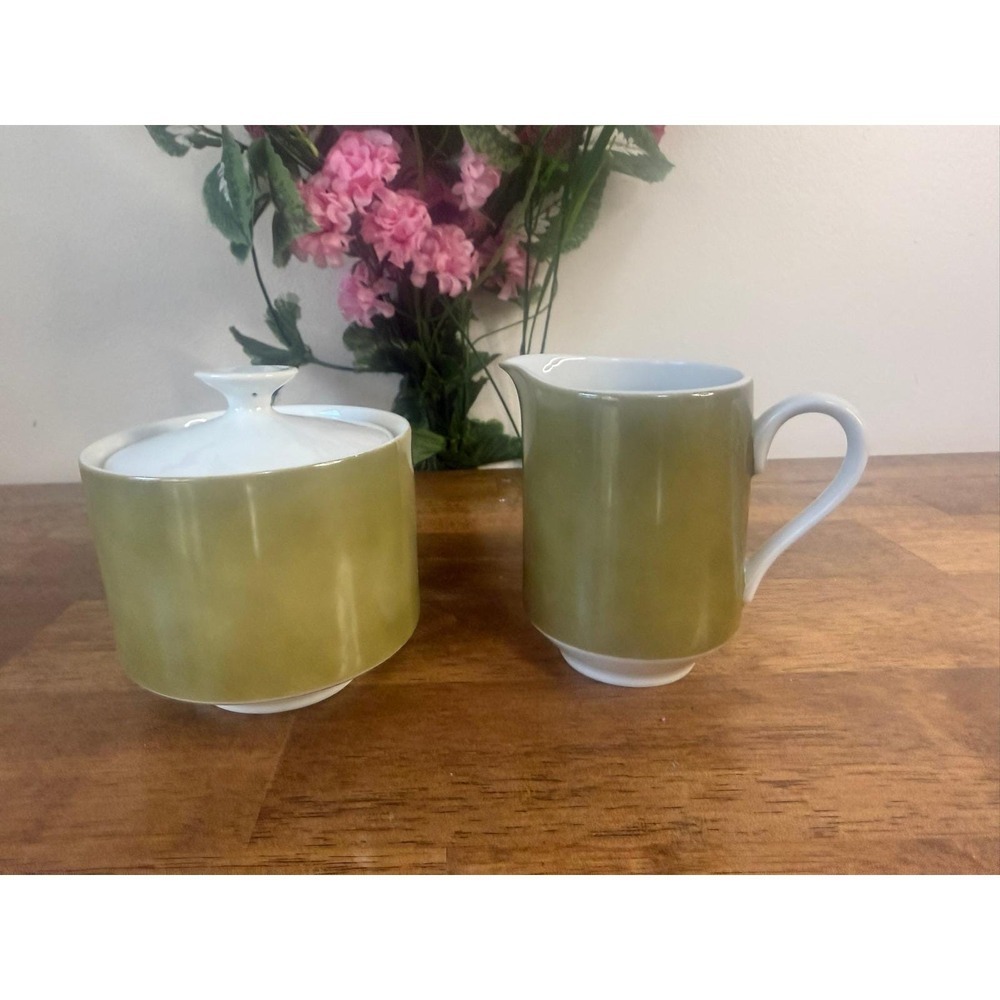 Vintage Mikasa Eclipse Tawny Green Pink Creamer Sugar Bowl Set MCM Japan